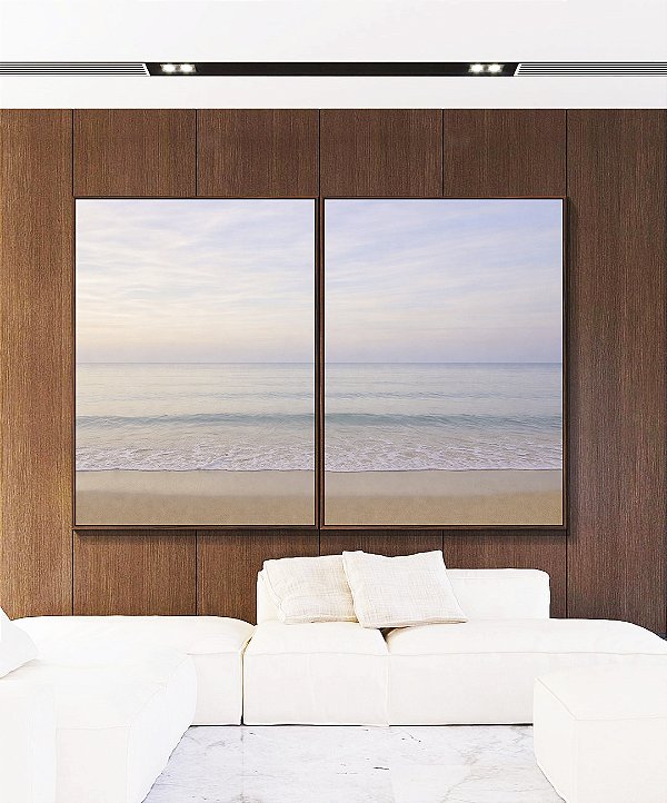 Duo de Quadros Praia Azul Prateado Céu Claro Lilás Natureza Canvas Moldura