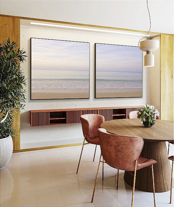 Duo de Quadros Quadrados Praia Azul Prateado Céu Claro Lilás Natureza Canvas Moldura