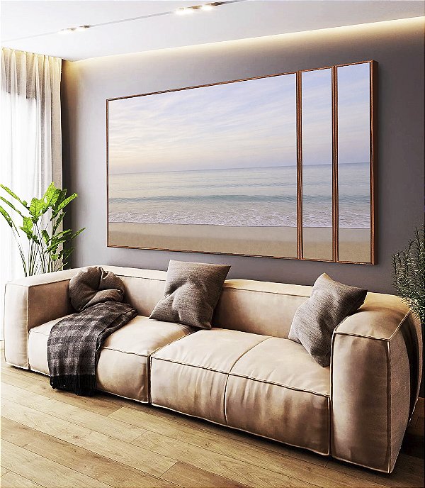 Trio de Quadros Estilizados Praia Azul Prateado Céu Claro Lilás Natureza Canvas Moldura