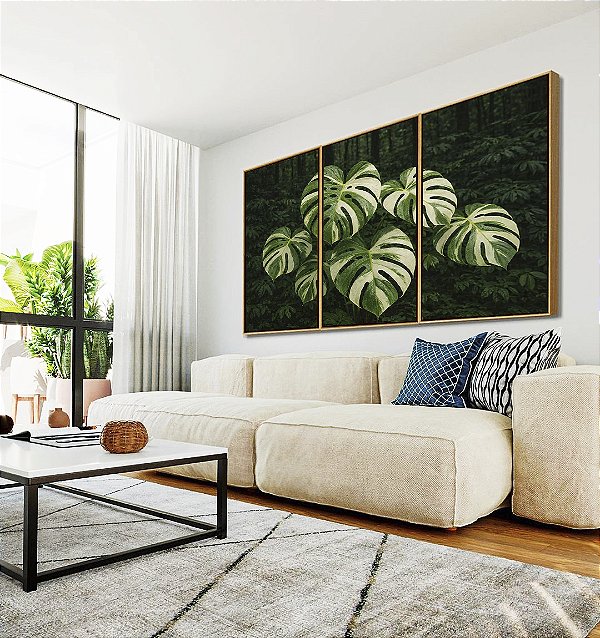 Trio de Quadros Plantas Costela de Adão Natureza Verde Paisagem Canvas Moldura