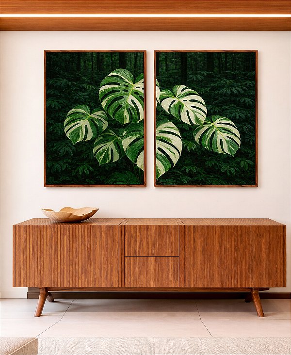 Duo de Quadros Plantas Costela de Adão Natureza Verde Paisagem Canvas Moldura