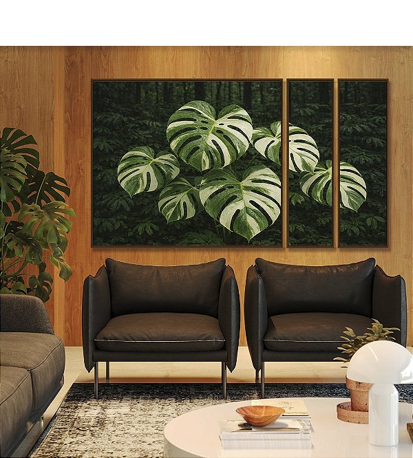 Trio de Quadros Estilizados Plantas Costela de Adão Natureza Verde Paisagem Canvas Moldura