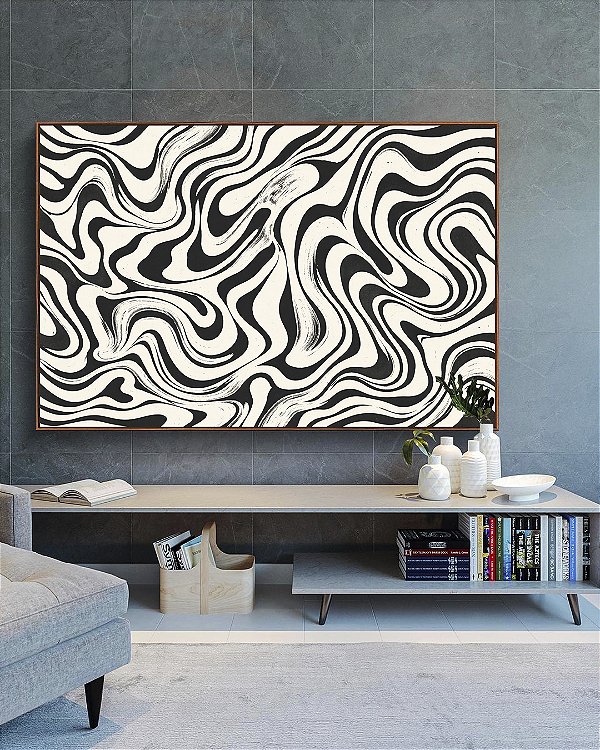 Quadro Horizontal Abstrato Ondulações Orgânicas Preto e Branco Canvas Moldura