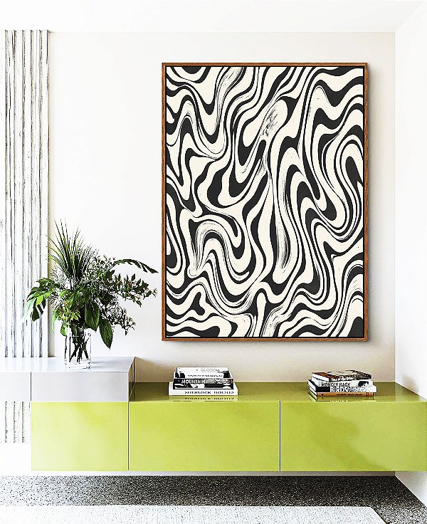 Quadro Vertical Abstrato Ondulações Orgânicas Preto e Branco Canvas Moldura