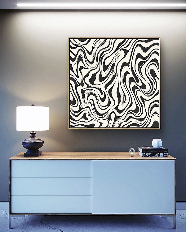 Quadro Quadrado Abstrato Ondulações Orgânicas Preto e Branco Canvas Moldura