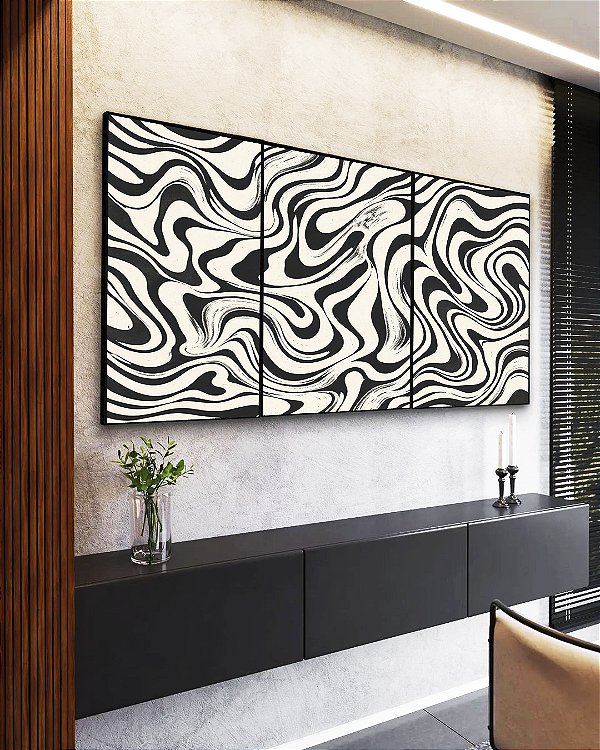 Trio de Quadros Abstrato Ondulações Orgânicas Preto e Branco Canvas Moldura