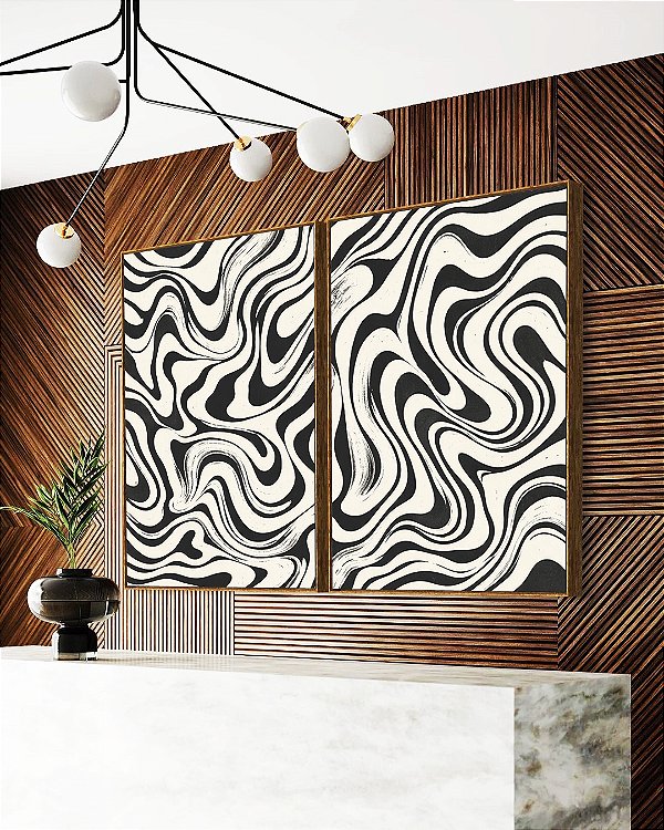 Duo de Quadros Abstrato Ondulações Orgânicas Preto e Branco Canvas Moldura