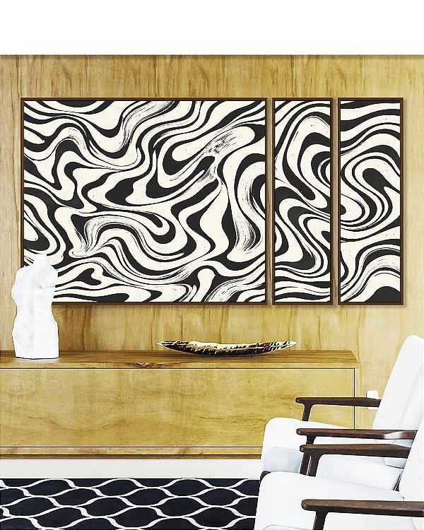 Trio de Quadros Estilizados Abstrato Ondulações Orgânicas Preto e Branco Canvas Moldura