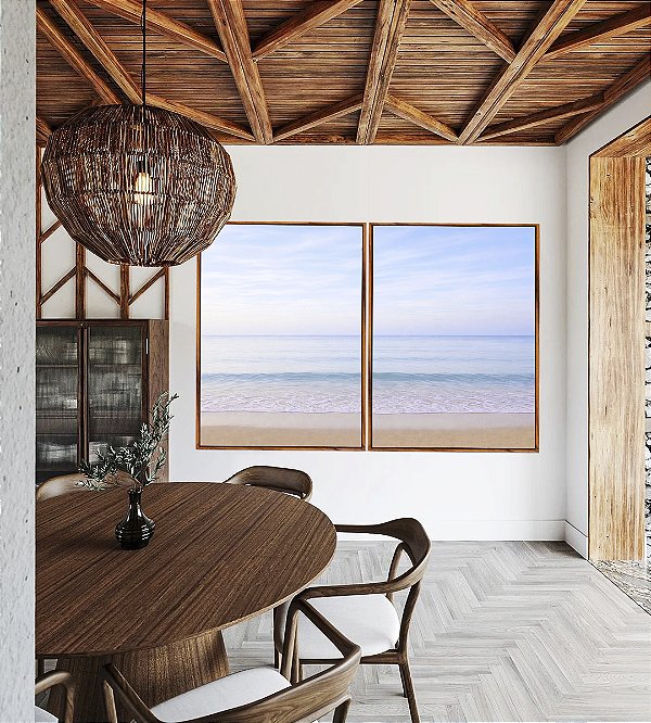 Duo de Quadros Praia Nascer do Sol Lilás Claro Natureza Canvas Moldura