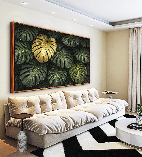 Quadro Horizontal Costela de Adão Verde Dourado Natureza Canvas Moldura