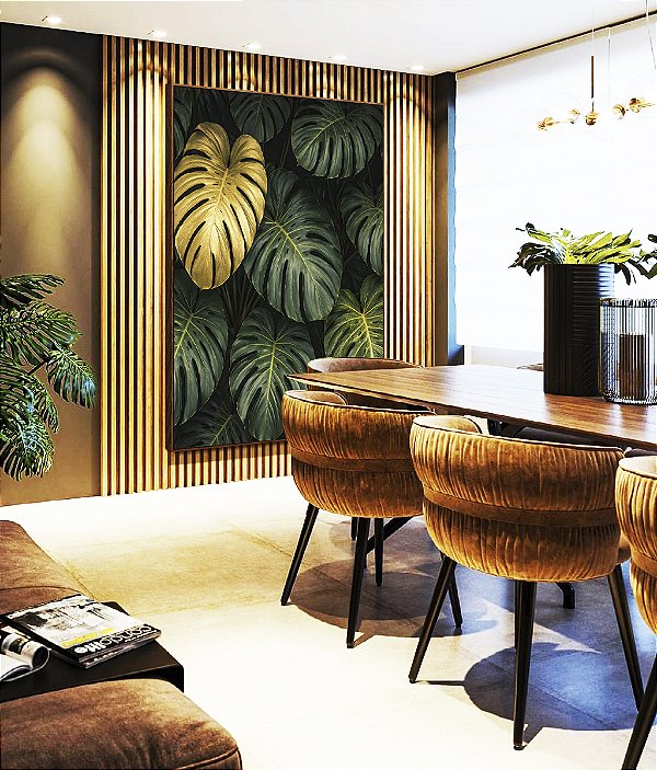 Quadro Vertical Costela de Adão Verde Dourado Natureza Canvas Moldura