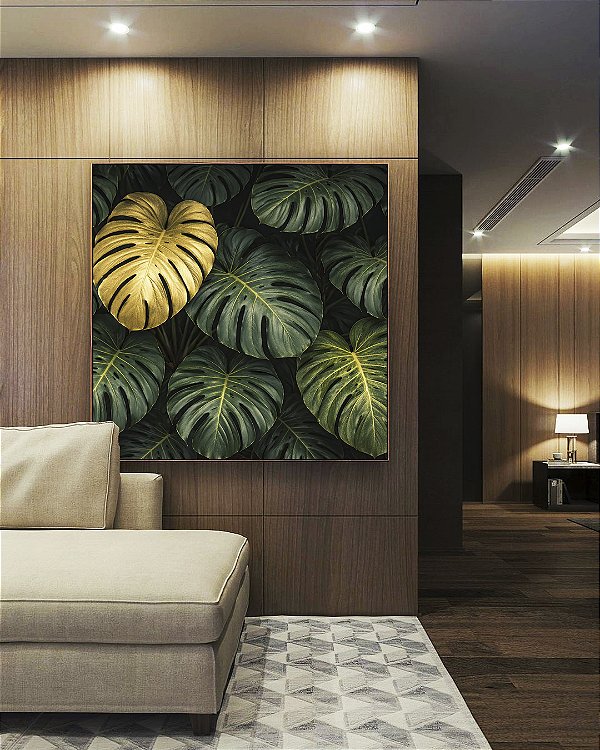 Quadro Quadrado Costela de Adão Verde Dourado Natureza Canvas Moldura