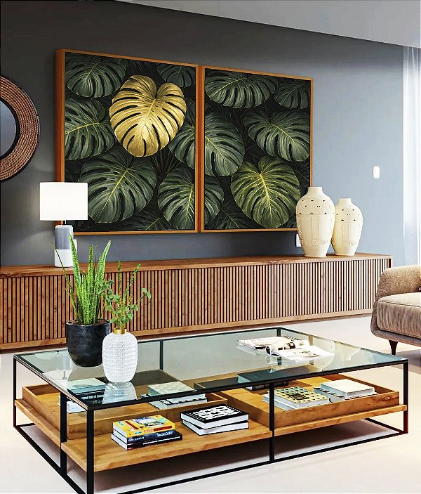 Duo de Quadros Costela de Adão Verde Dourado Natureza Canvas Moldura