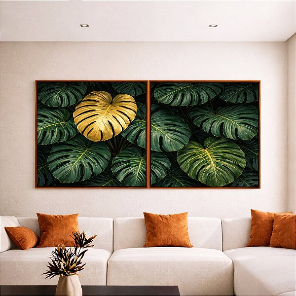 Duo de Quadros Quadrados Costela de Adão Verde Dourado Natureza Canvas Moldura