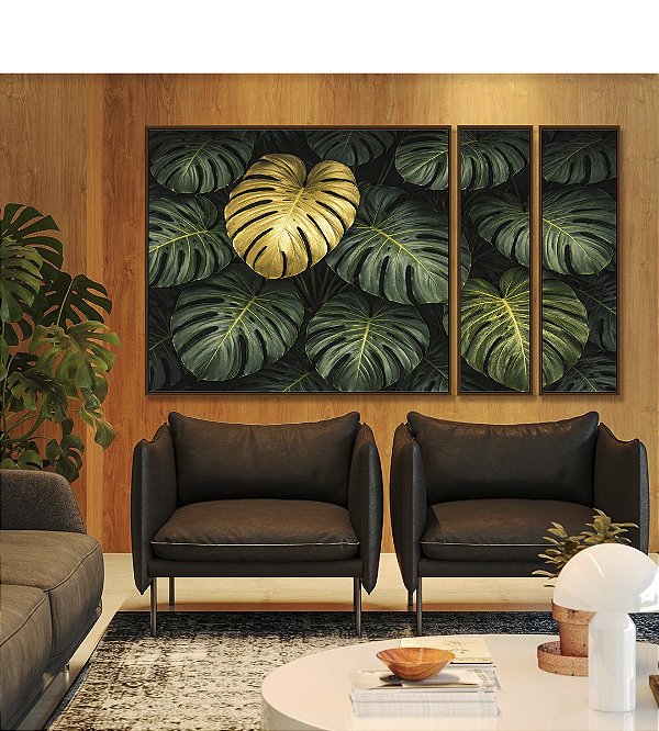 Trio de Quadros Estilizados Costela de Adão Verde Dourado Natureza Canvas Moldura