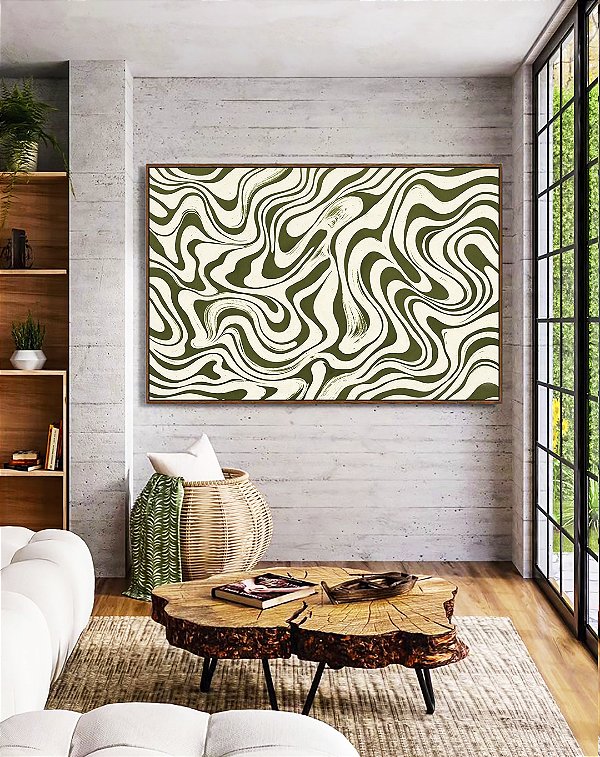 Quadro Horizontal Abstrato Ondulações Orgânicas Verde Oliva Canvas Moldura