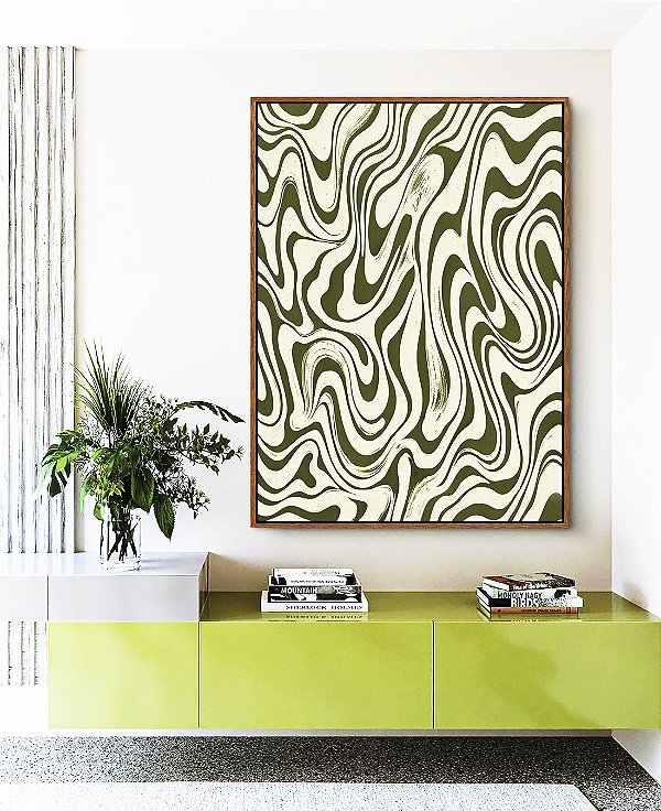 Quadro Vertical Abstrato Ondulações Orgânicas Verde Oliva Canvas Moldura
