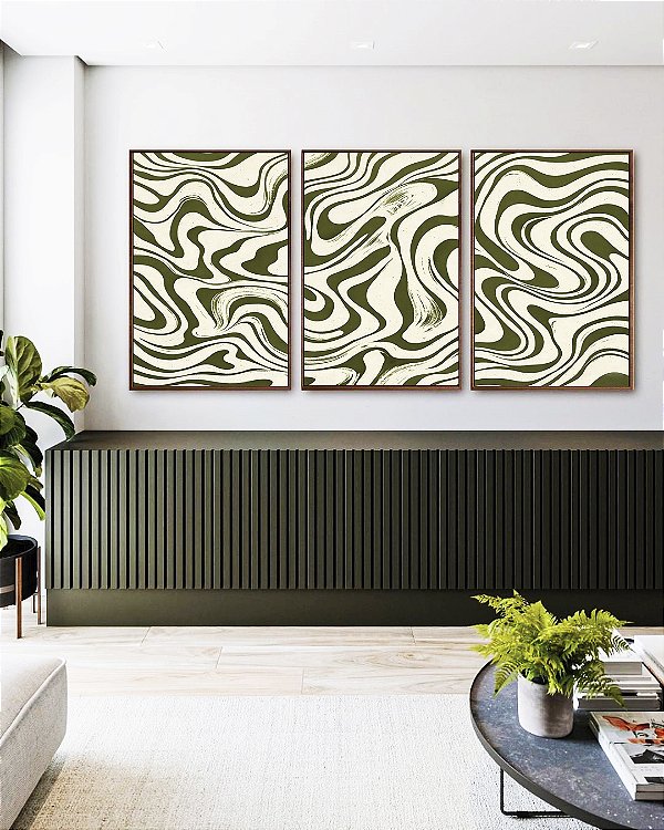 Trio de Quadros Abstrato Ondulações Orgânicas Verde Oliva Canvas Moldura