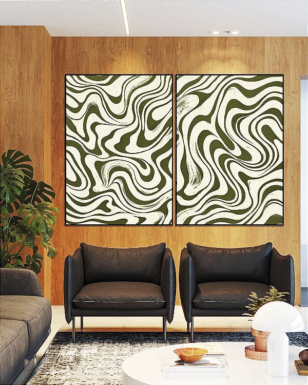 Duo de Quadros Abstrato Ondulações Orgânicas Verde Oliva Canvas Moldura