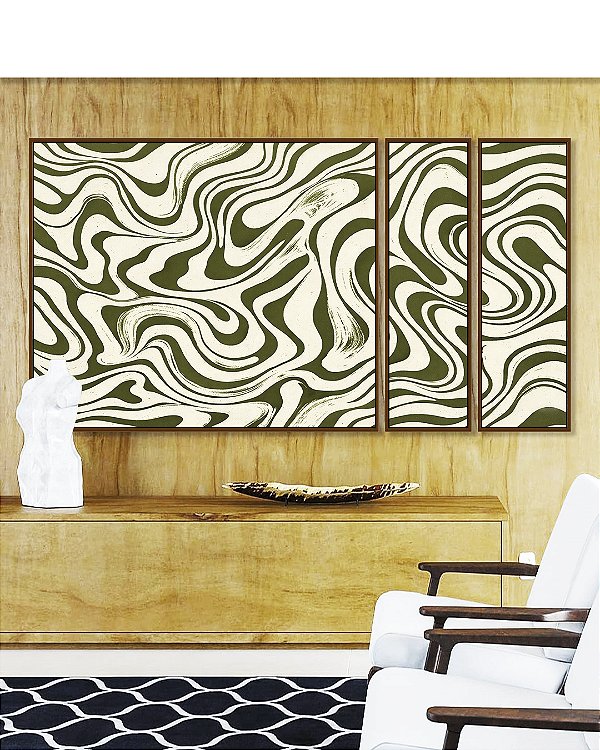 Trio de Quadros Estilizados Abstrato Ondulações Orgânicas Verde Oliva Canvas Moldura