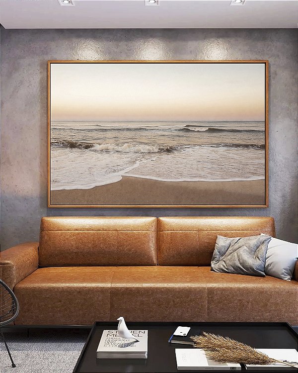 Quadro Horizontal Praia Mar Movimentado Céu Claro Laranja Canvas Moldura