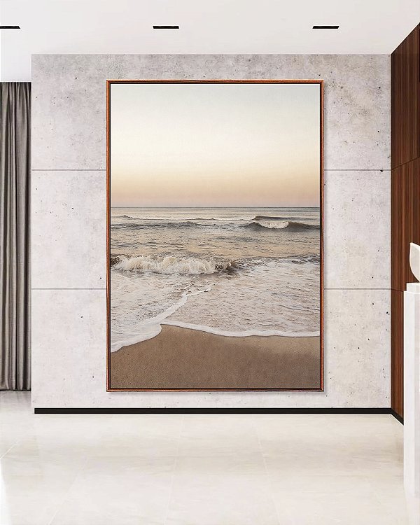 Quadro Vertical Praia Mar Movimentado Céu Claro Laranja Canvas Moldura