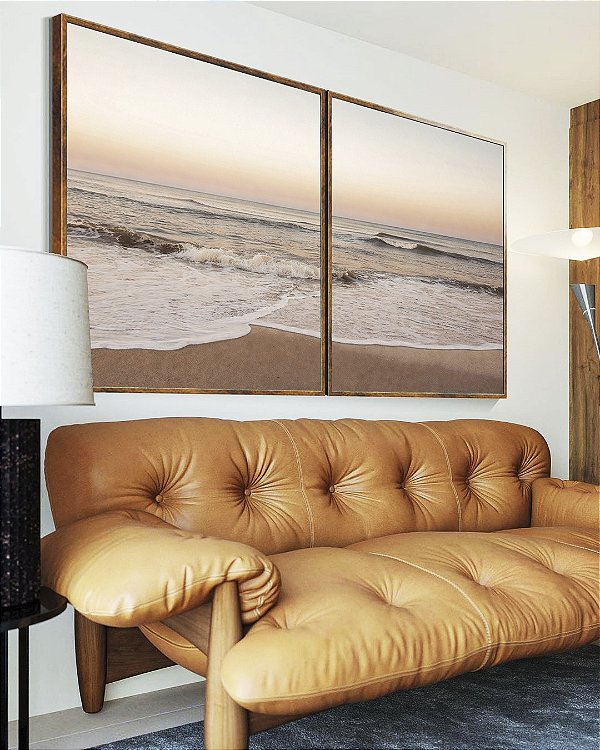 Duo de Quadros Praia Mar Movimentado Céu Claro Laranja Canvas Moldura