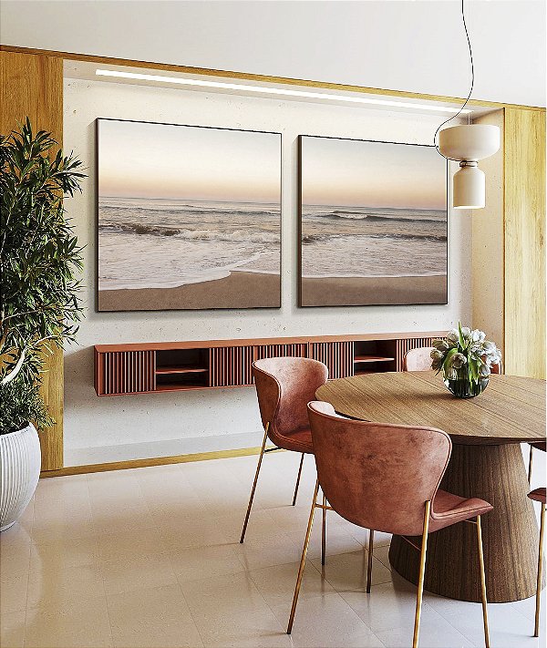 Duo de Quadros Quadrados Praia Mar Movimentado Céu Claro Laranja Canvas Moldura