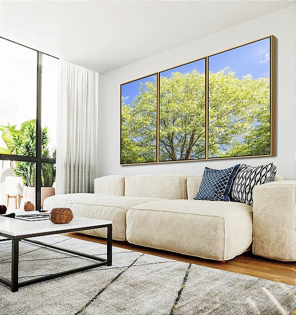 Trio de Quadros Árvore Verde Claro Céu Azul Claro Natureza Canvas Moldura