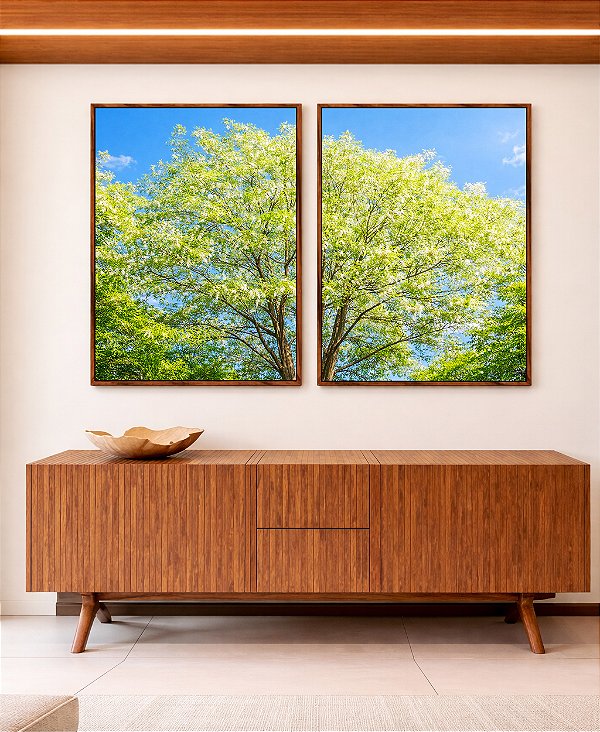 Duo de Quadros Árvore Verde Claro Céu Azul Claro Natureza Canvas Moldura