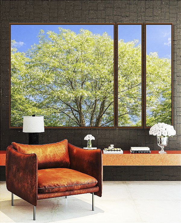 Trio de Quadros Estilizados Árvore Verde Claro Céu Azul Claro Natureza Canvas Moldura