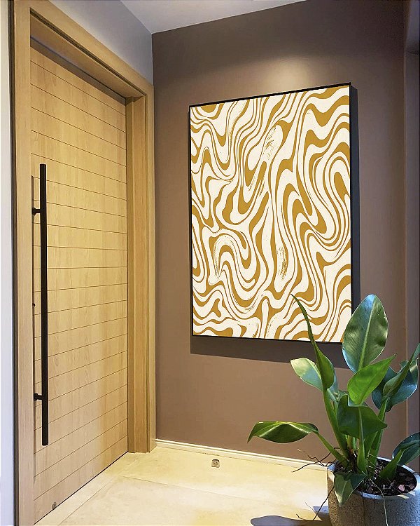 Quadro Vertical Abstrato Ondulações Orgânicas Amarelo Canvas Moldura