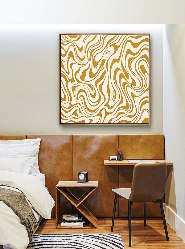 Quadro Quadrado Abstrato Ondulações Orgânicas Amarelo Canvas Moldura