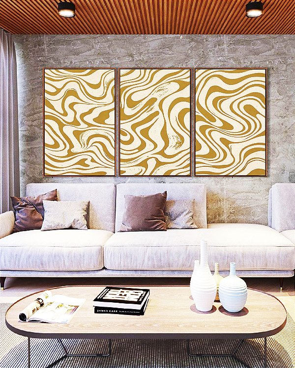 Trio de Quadros Abstrato Ondulações Orgânicas Amarelo Canvas Moldura