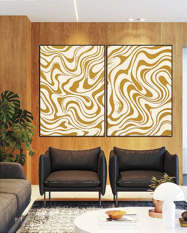 Duo de Quadros Abstrato Ondulações Orgânicas Amarelo Canvas Moldura