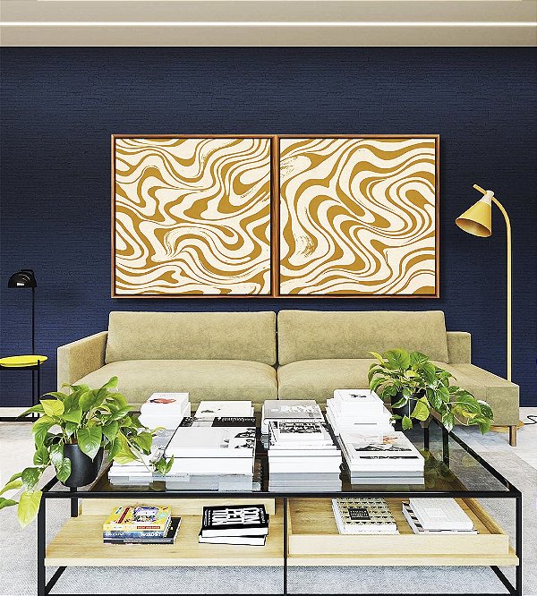Duo de Quadros Quadrados Abstrato Ondulações Orgânicas Amarelo Canvas Moldura