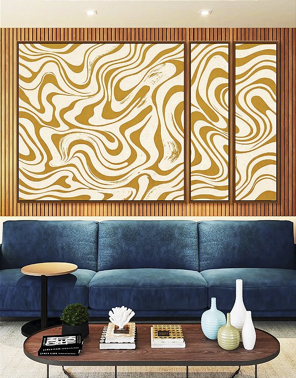 Trio de Quadros Estilizados Abstrato Ondulações Orgânicas Amarelo Canvas Moldura