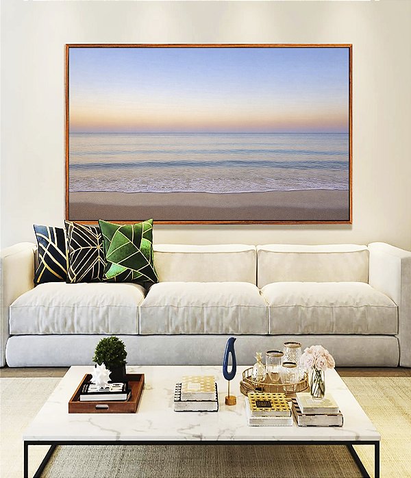 Quadro Horizontal Mar Azul Prateado Céu Lilás Praia Canvas Moldura