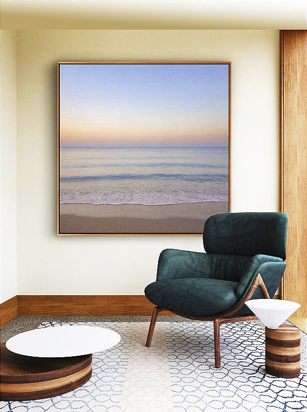 Quadro Quadrado Mar Azul Prateado Céu Lilás Praia Canvas Moldura