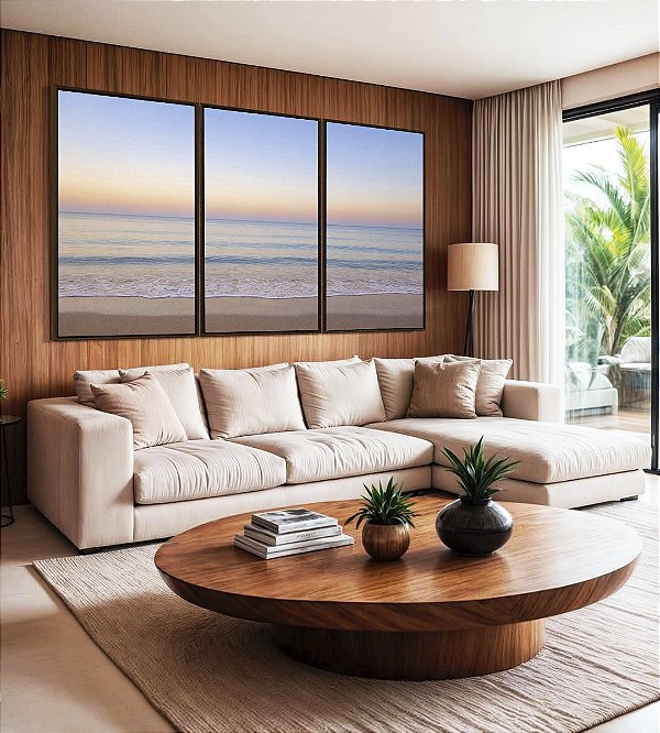 Trio de Quadros Mar Azul Prateado Céu Lilás Praia Canvas Moldura