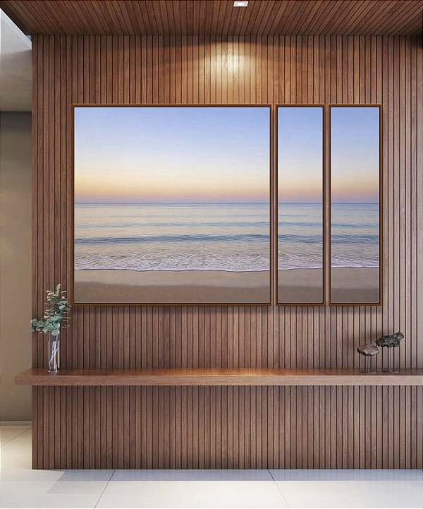 Trio de Quadros Estilizados Mar Azul Prateado Céu Lilás Praia Canvas Moldura