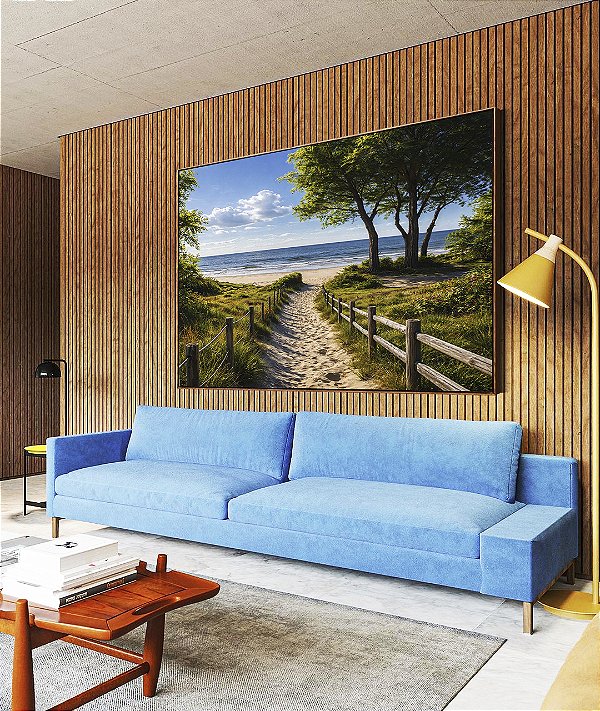 Quadro Horizontal Estrada Para Praia Árvores Mar Céu Azul Canvas Moldura
