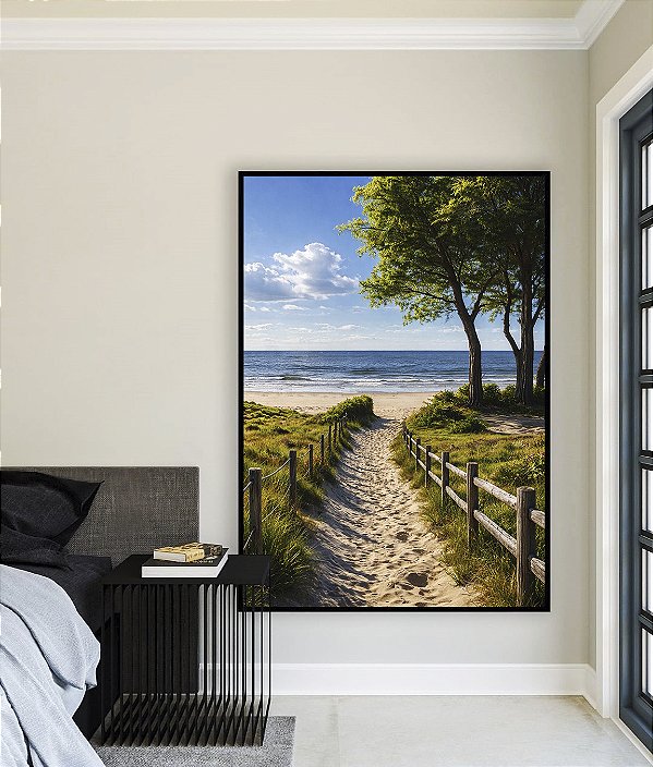 Quadro Vertical Estrada Para Praia Árvores Mar Céu Azul Canvas Moldura