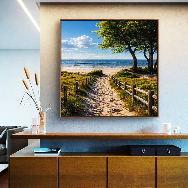 Quadro Quadrado Estrada Para Praia Árvores Mar Céu Azul Canvas Moldura