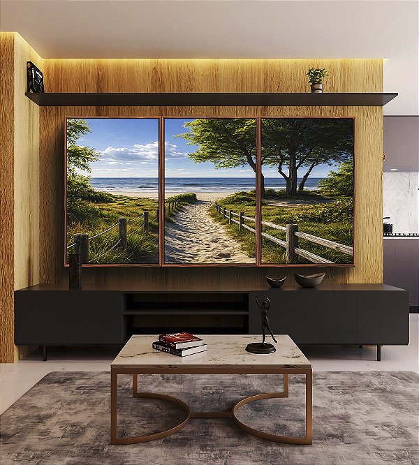 Trio de Quadros Estrada Para Praia Árvores Mar Céu Azul Canvas Moldura