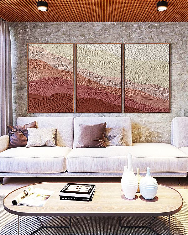 Trio de Quadros Abstrato Degradê Textura Marfim Rosa Salmão Canvas Moldura