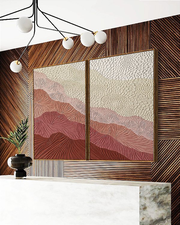 Duo de Quadros Abstrato Degradê Textura Marfim Rosa Salmão Canvas Moldura