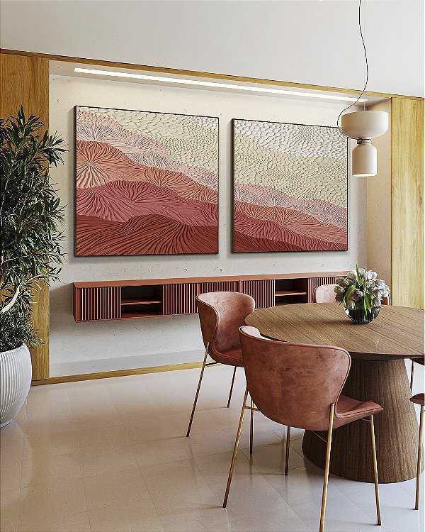 Duo de Quadros Quadrados Abstrato Degradê Textura Marfim Rosa Salmão Canvas Moldura