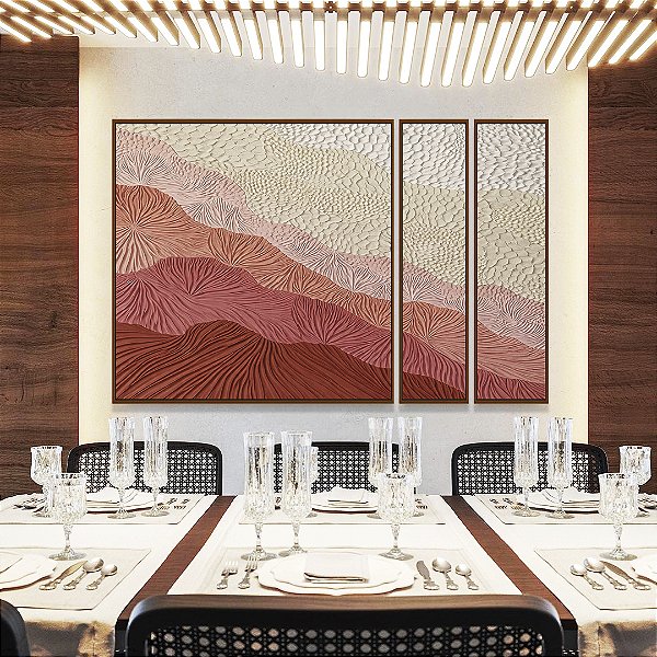 Trio de Quadros Estilizados Abstrato Degradê Textura Marfim Rosa Salmão Canvas Moldura