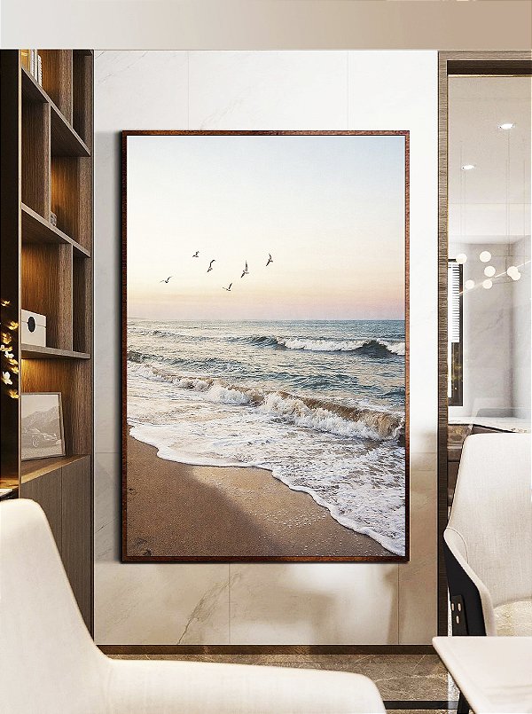 Quadro Vertical Praia Céu Claro Laranja Pássaros Mar Canvas Moldura
